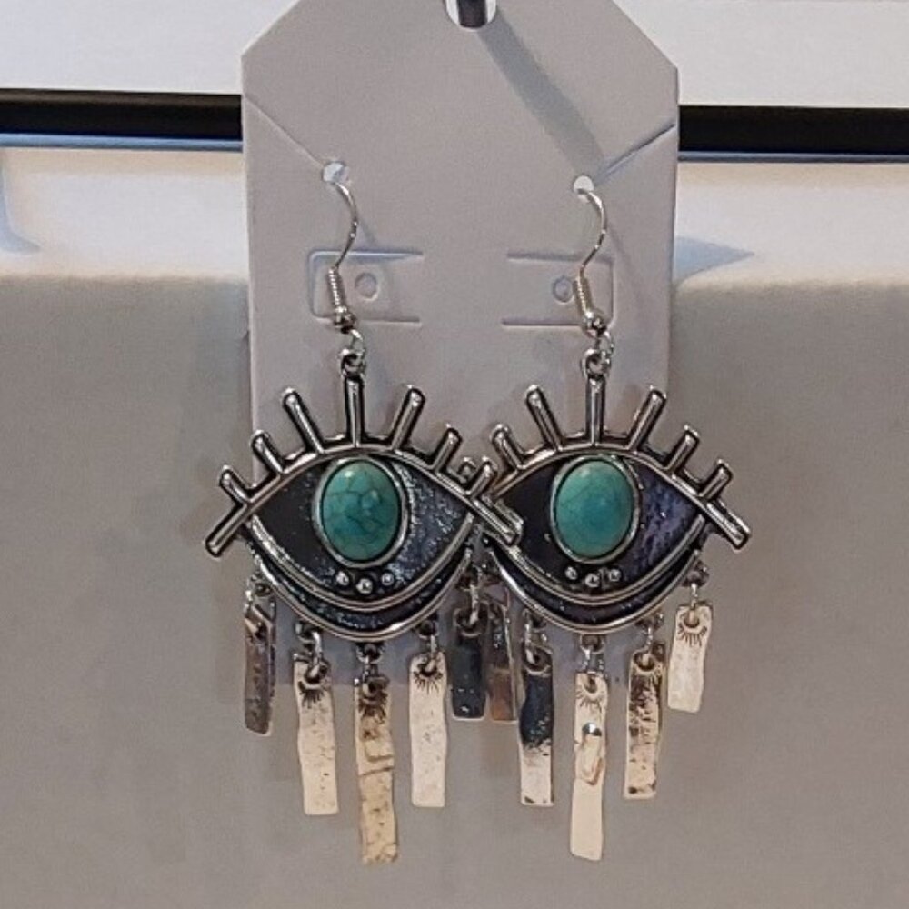Evil Eye Silver tone wire earrings